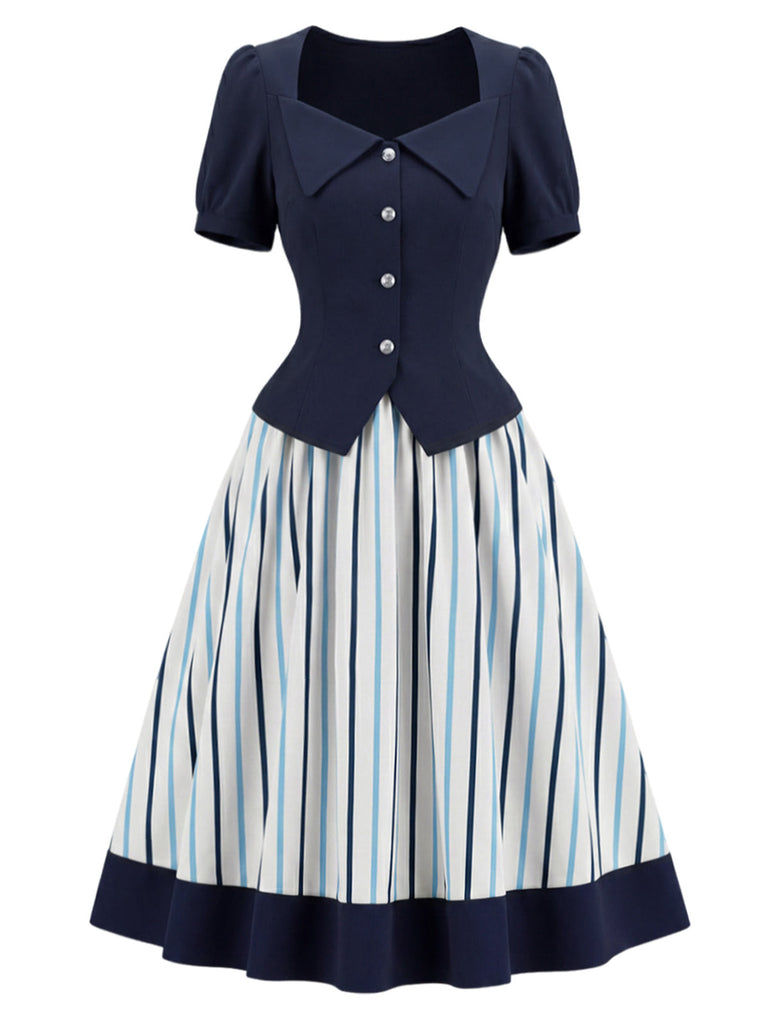 [Prévente] 2PCS Blouse Ajustée à Col Revers et Jupe à Rayures Verticales Bleu Années 1950