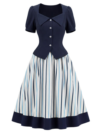 [Prévente] 2PCS Blouse Ajustée à Col Revers et Jupe à Rayures Verticales Bleu Années 1950