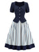 [Prévente] 2PCS Blouse Ajustée à Col Revers et Jupe à Rayures Verticales Bleu Années 1950