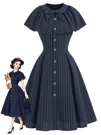 [Prévente] Robe bleu profond à fines rayures, col noué et capelet années 1950