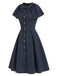 [Prévente] Robe bleu profond à fines rayures, col noué et capelet années 1950