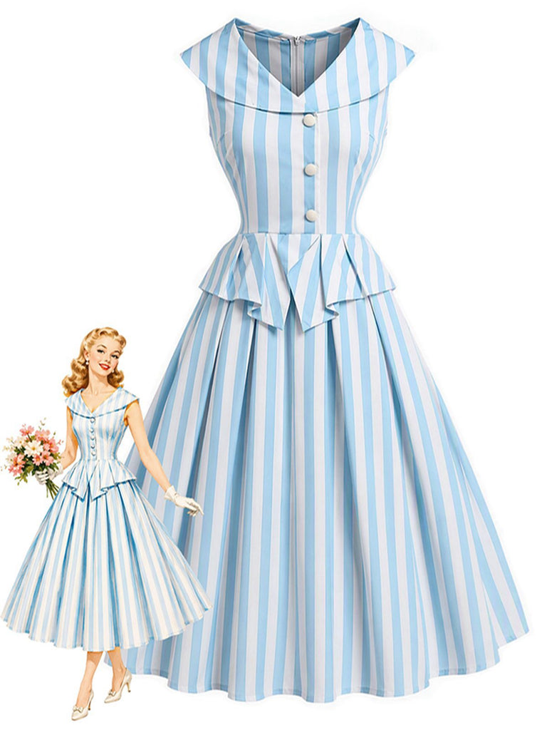 [Prévente] Robe Sans Manches Revers Rayée Bleu Clair Années 1950