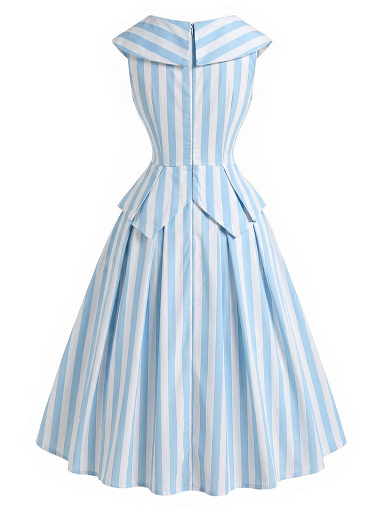 [Prévente] Robe Sans Manches Revers Rayée Bleu Clair Années 1950
