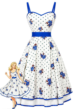 [Prévente] Robe Blanc Bleu Floral à Pois à Étages Évasé Années 1950