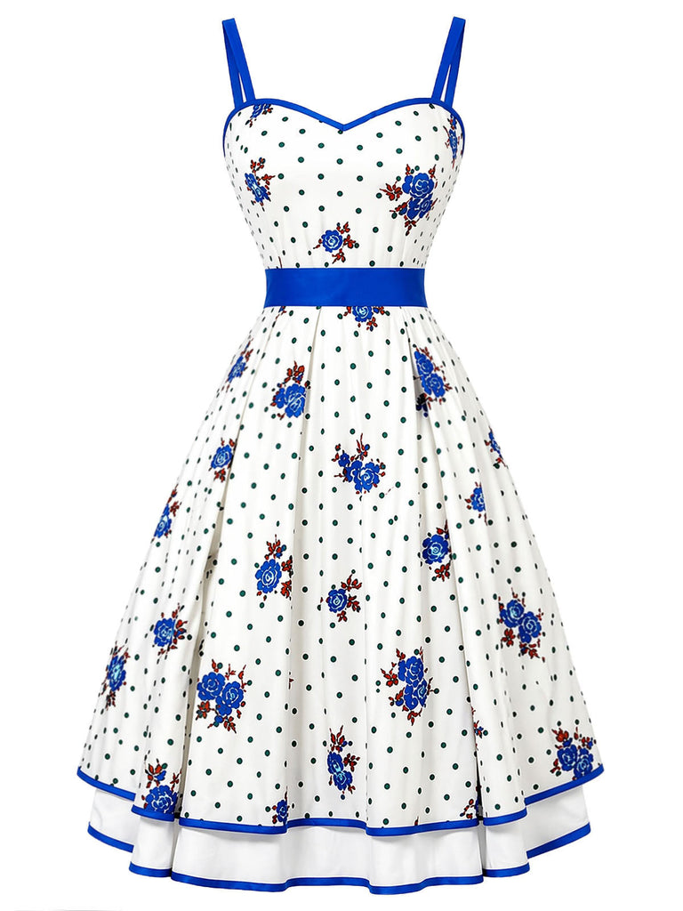 [Prévente] Robe Blanc Bleu Floral à Pois à Étages Évasé Années 1950 2