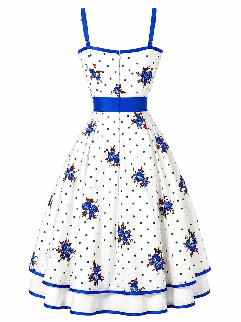 [Prévente] Robe Blanc Bleu Floral à Pois à Étages Évasé Années 1950 3