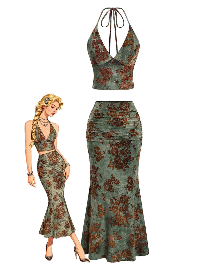 Ensemble 2 Pièces Jupe Sirène Dos-Nu Floral Vert Foncé Années 70