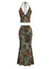 Ensemble 2 Pièces Jupe Sirène Dos-Nu Floral Vert Foncé Années 70