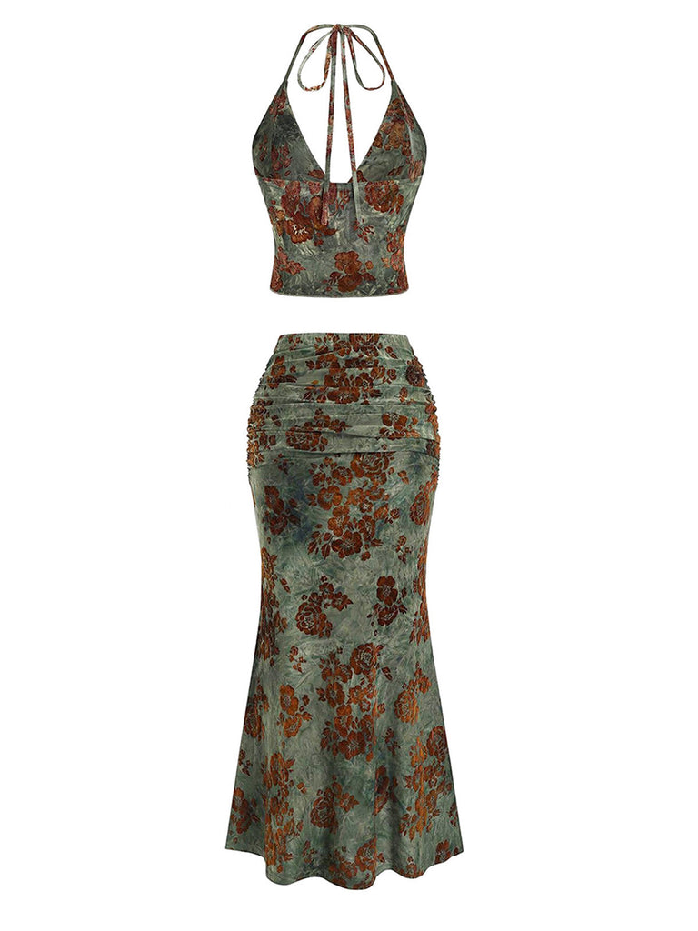 Ensemble 2 Pièces Jupe Sirène Dos-Nu Floral Vert Foncé Années 70