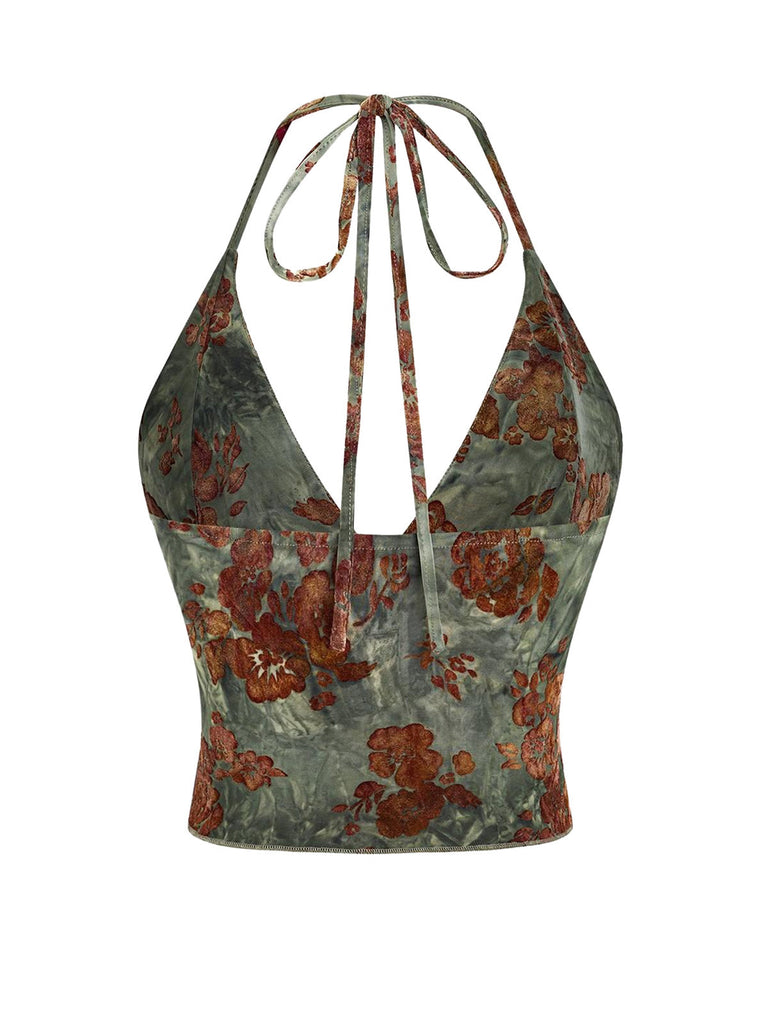 Ensemble 2 Pièces Jupe Sirène Dos-Nu Floral Vert Foncé Années 70