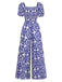 Combinaison Bleu Floral Col Échancré Manches Bouffantes Bohème Années 1950