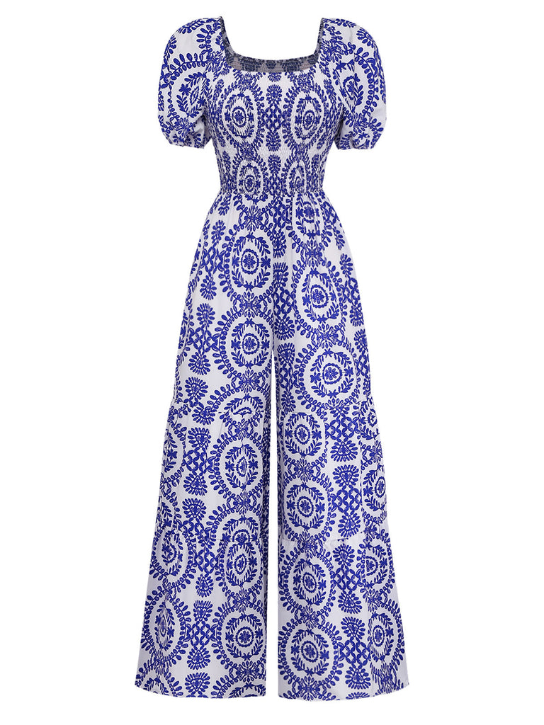 Combinaison Bleu Floral Col Échancré Manches Bouffantes Bohème Années 1950 3