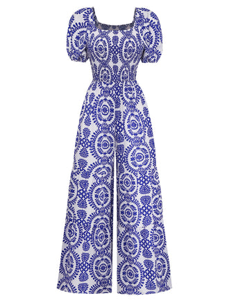 Combinaison Bleu Floral Col Échancré Manches Bouffantes Bohème Années 1950 3