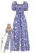Combinaison Bleu Floral Col Échancré Manches Bouffantes Bohème Années 1950 2
