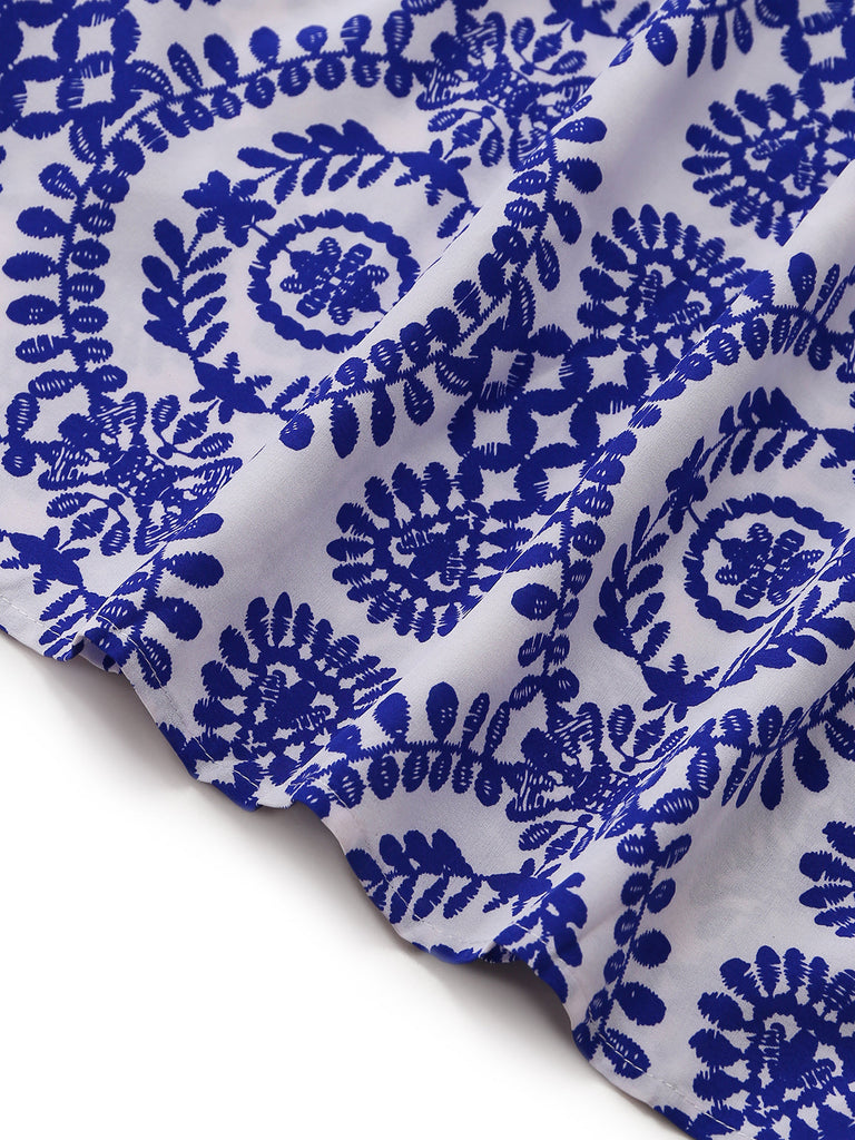 Combinaison Bleu Floral Col Échancré Manches Bouffantes Bohème Années 1950 6