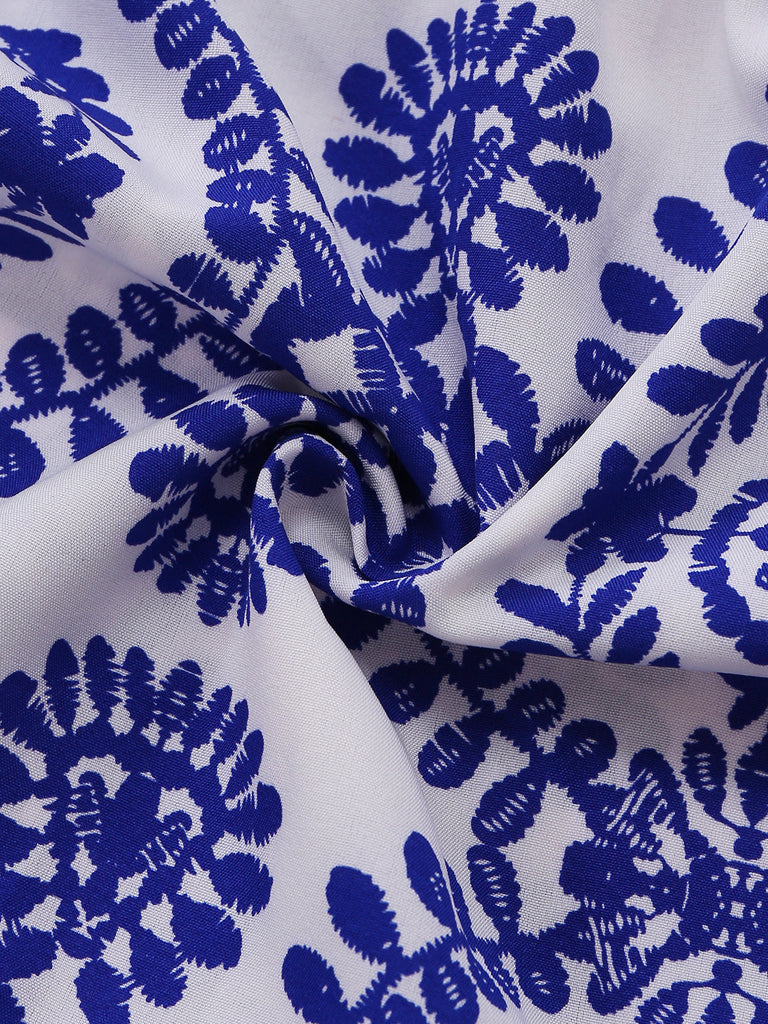 Combinaison Bleu Floral Col Échancré Manches Bouffantes Bohème Années 1950 7