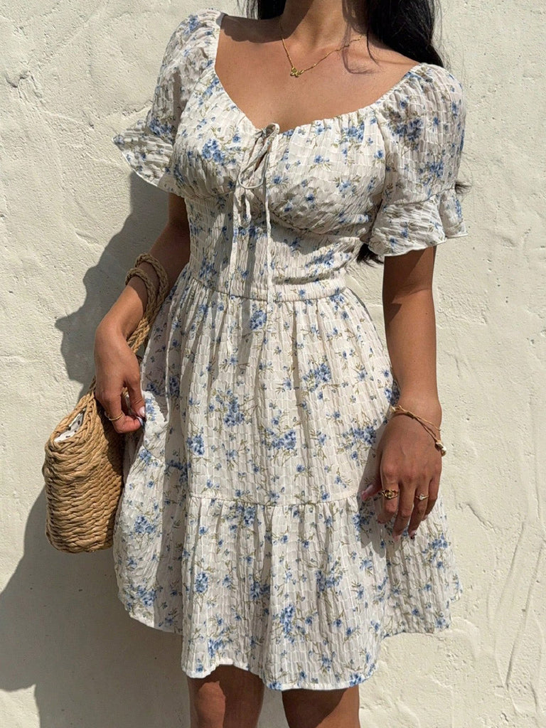 Robe Floral Col Carré Volant Années 1950 3