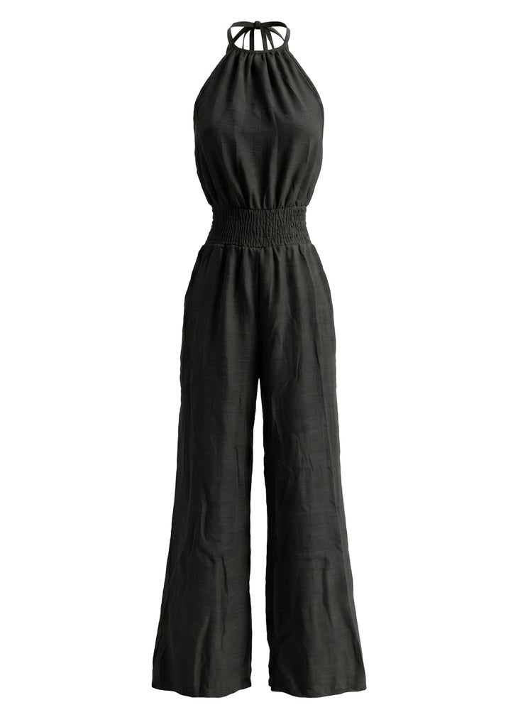 Combinaison dos nu à taille smockée et jambes larges Années 1970