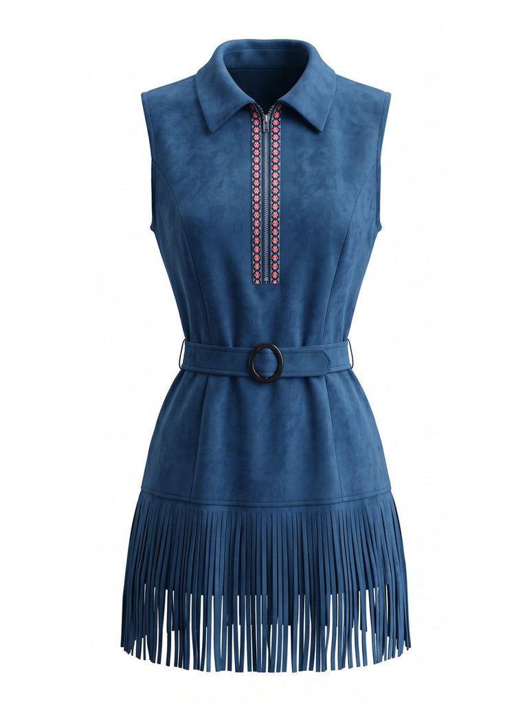 Robe Western à Franges Ceinturée en Faux Daim Bleu Marine Années 70