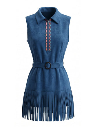 Robe Western à Franges Ceinturée en Faux Daim Bleu Marine Années 70