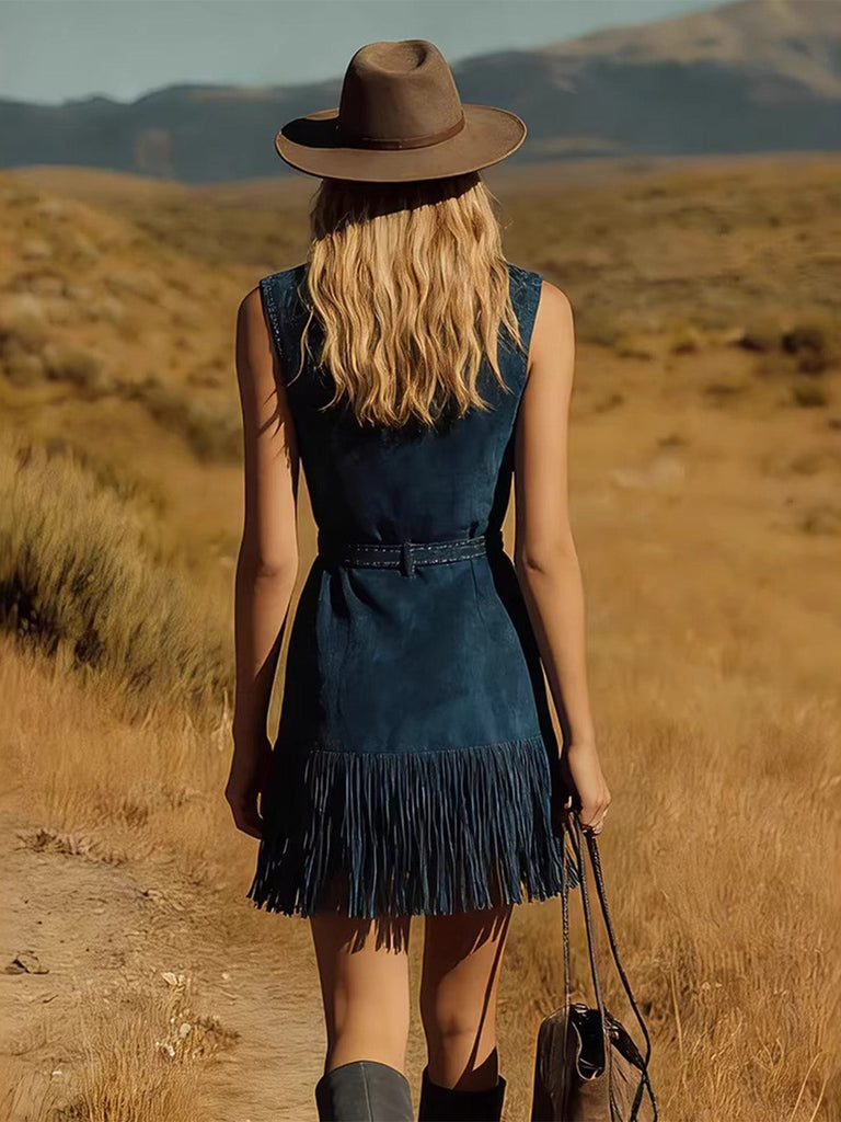 Robe Western à Franges Ceinturée en Faux Daim Bleu Marine Années 70