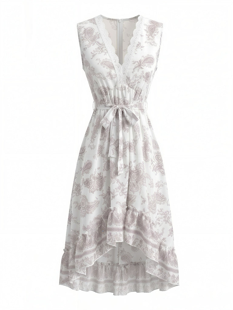 Robe Blanc Géométrique Imprimé Dentelle Col V Tunique Années 1970 2