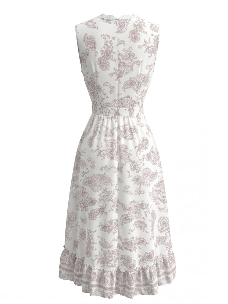 Robe Blanc Géométrique Imprimé Dentelle Col V Tunique Années 1970 3