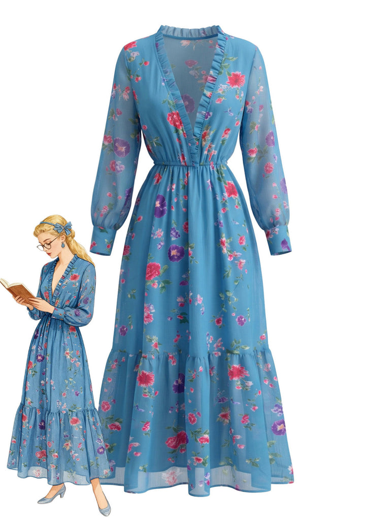 Robe longue bohème bleue fleurie à col V plongeant et volants années 1970