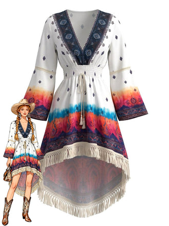 Robe Boho Blanche Imprimé Paisley Franges Ourlet Asymétrique Années 1970