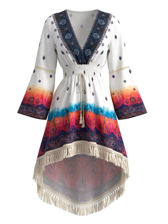 Robe Boho Blanche Imprimé Paisley Franges Ourlet Asymétrique Années 1970 2