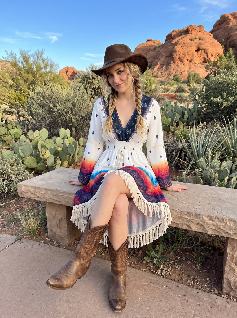 Robe Boho Blanche Imprimé Paisley Franges Ourlet Asymétrique Années 1970 4