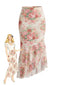 Jupe midi asymétrique volants et imprimé floral années 1970