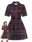 Mini-robe col chemise et ceinture carreaux bordeaux années 1970
