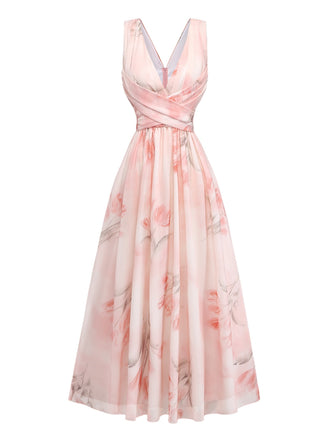 Robe Floral Portefeuille Longue Croisé V Col Rose Années 1950