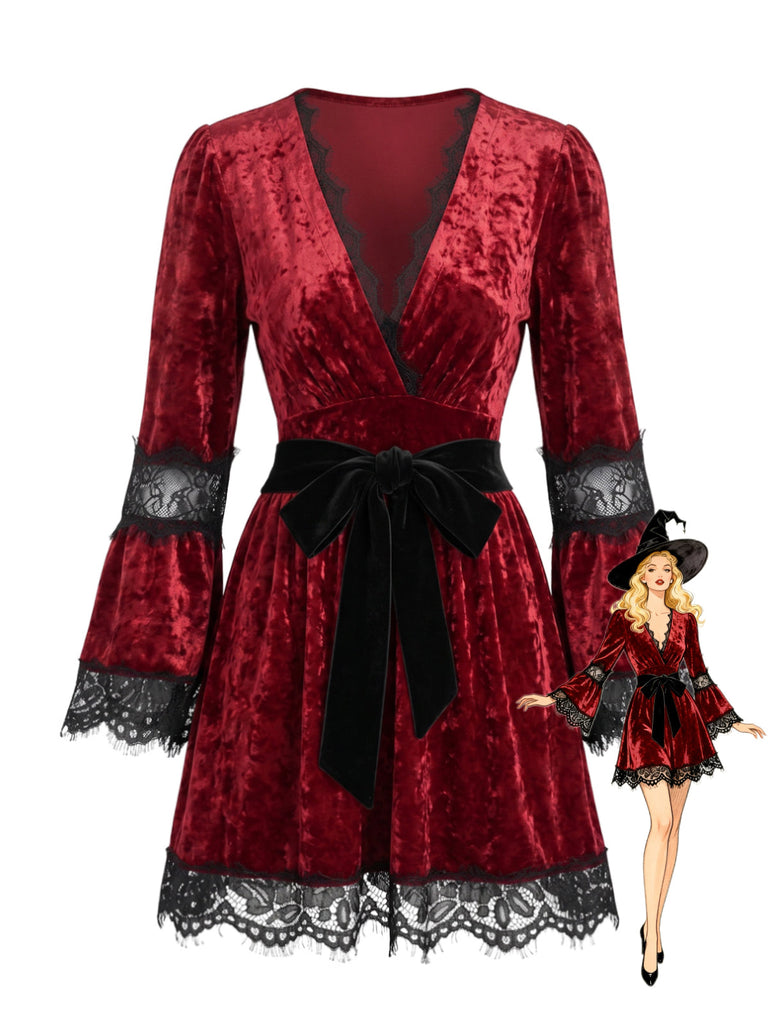 Robe Rouge Dentelle Trim Deep Col V Gothique Années 1970