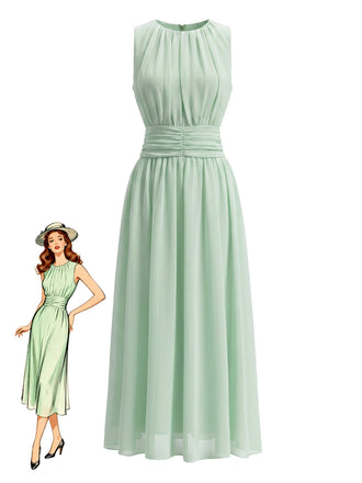 Robe Midi en Mousseline Col Rond sans Manches Verte Années 40