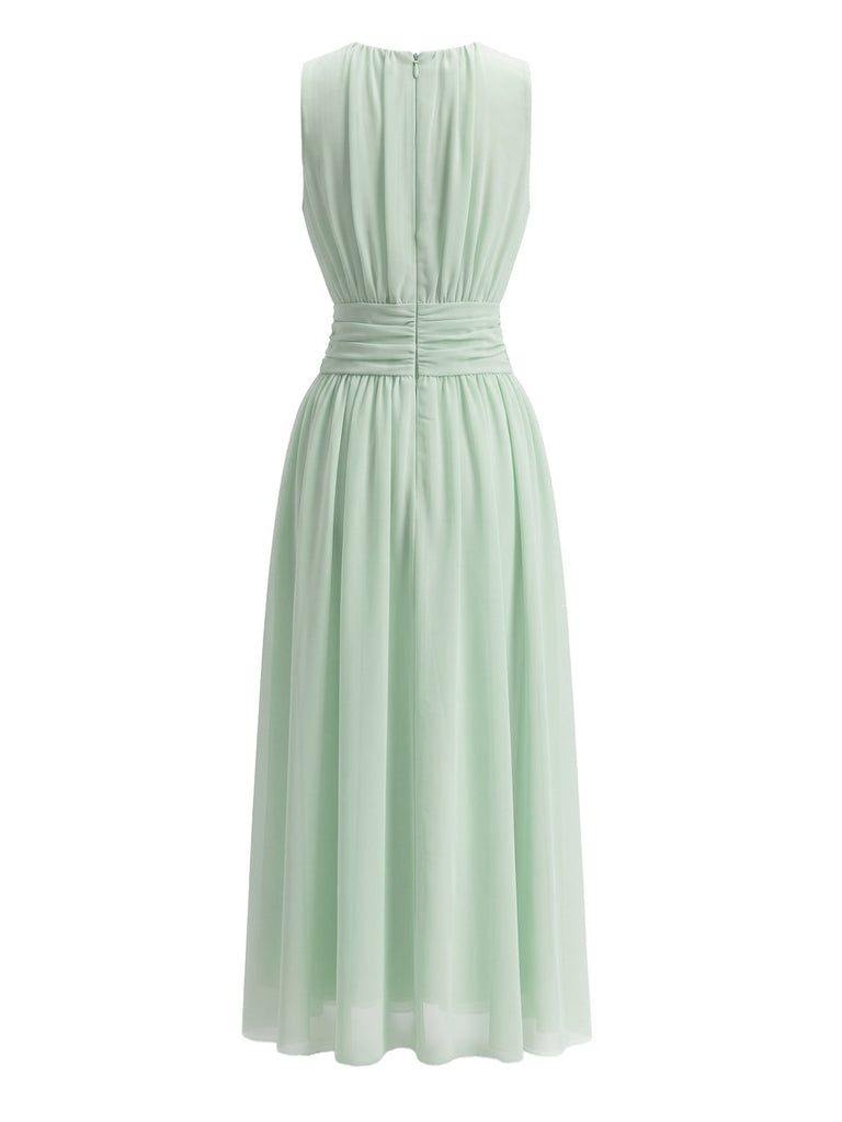 Robe Midi en Mousseline Col Rond sans Manches Verte Années 40