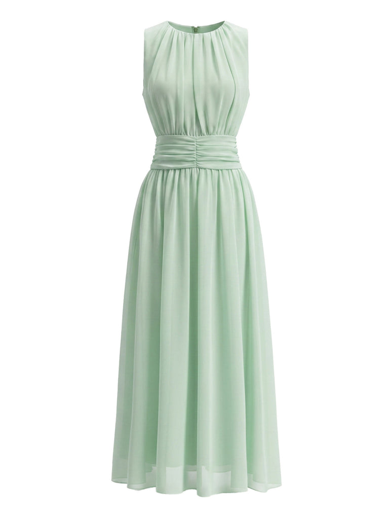 Robe Midi en Mousseline Col Rond sans Manches Verte Années 40