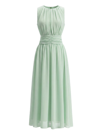 Robe Midi en Mousseline Col Rond sans Manches Verte Années 40