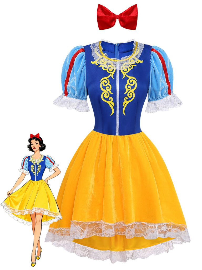 Robe de princesse de cosplay bleue et jaune à manches bouffantes années 1960