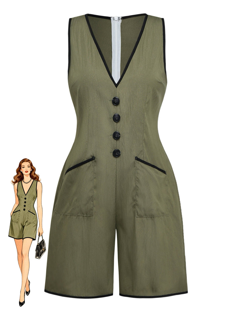 Combishort Vert Col V Sans Manches Boutonné Années 1940