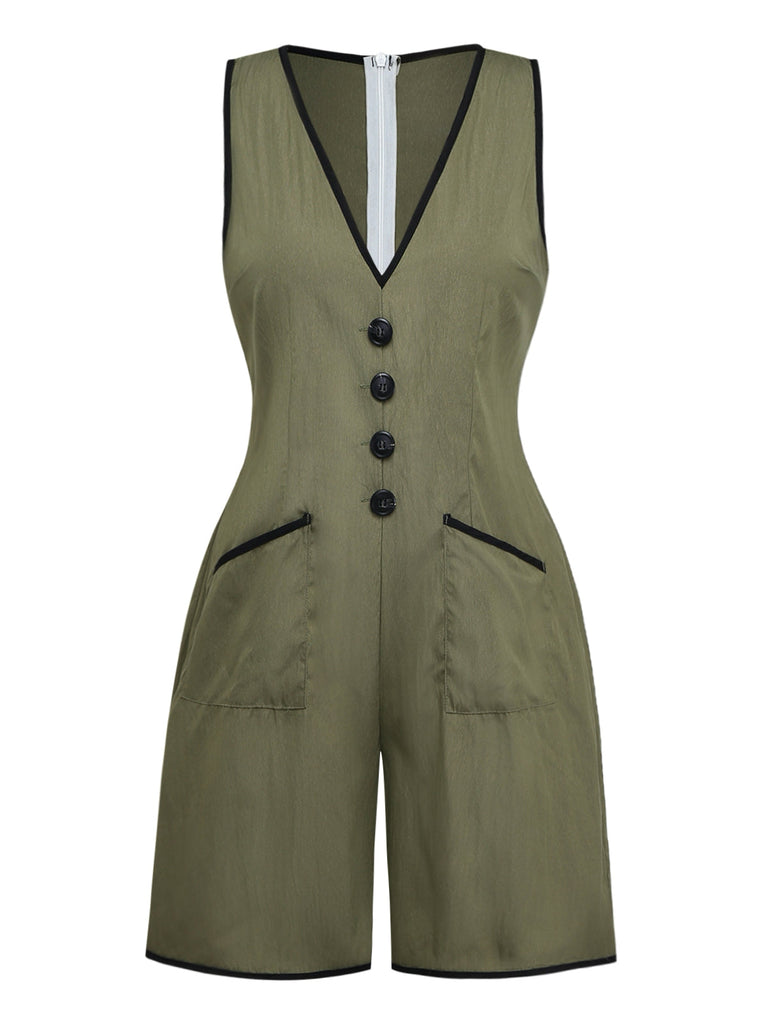 Combishort Vert Col V Sans Manches Boutonné Années 1940 2