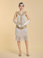 Robe droite beige sans manches col rond sequins et franges années 1920