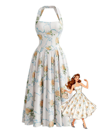 Robe Floral Halter Dos Nu Nœud Fendu Jaune Années 1930