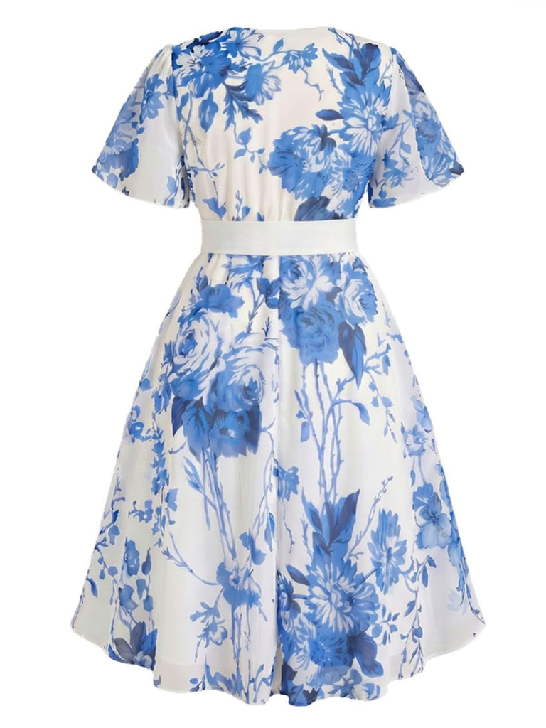 [Grande Taille] Robe Verte Floral Col V Mousseline Années 1950