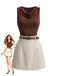 2PCS Haut Sans Manches Satin Col Tombant et Short Beige Années 1960