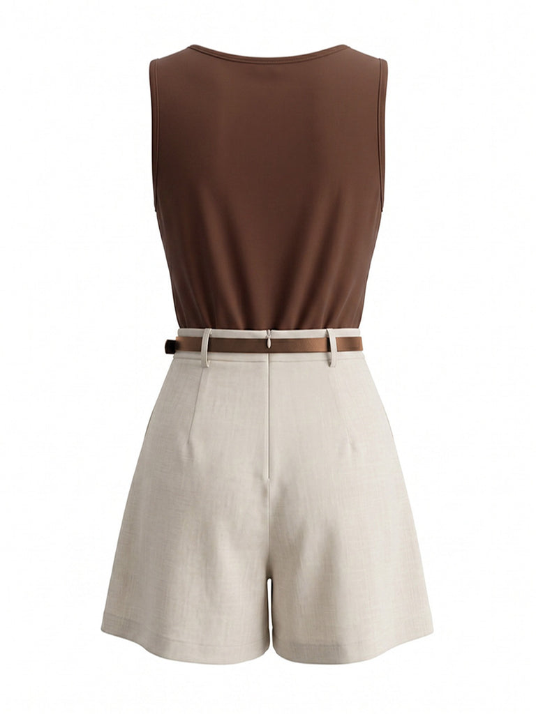 2PCS Haut Sans Manches Satin Col Tombant et Short Beige Années 1960