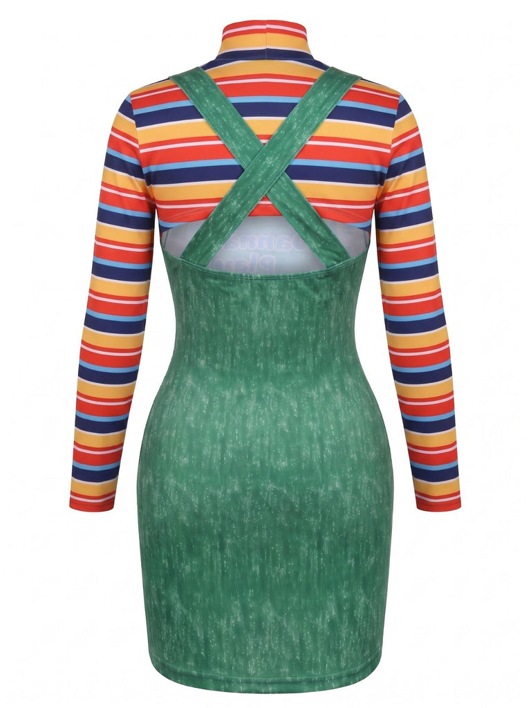 2PCS Haut Rayé Col Montant & Robe Salopette Années 1960 5