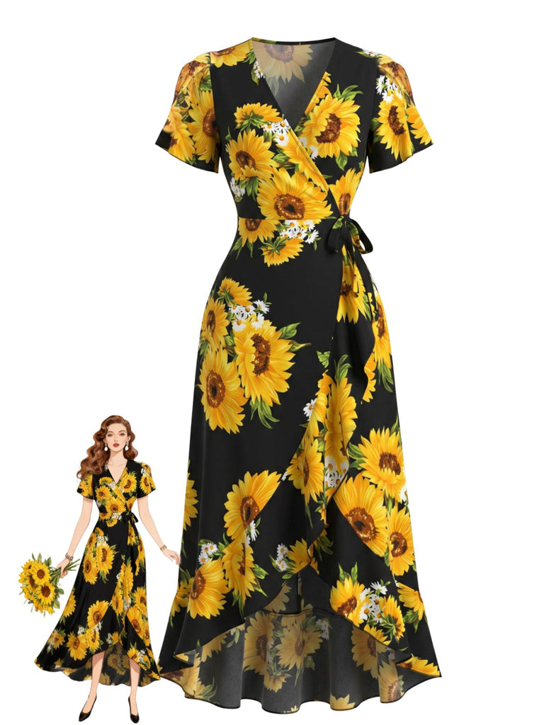 Robe Midi Col V Portefeuille Floral Tournesol Noire Années 40