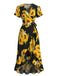 Robe Midi Col V Portefeuille Floral Tournesol Noire Années 40
